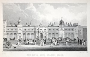 Las Caballerizas del Rey, Charing Cross, de Londres y sus Alrededores en el Siglo XIX, pub. Jones und Co., 1827-1829