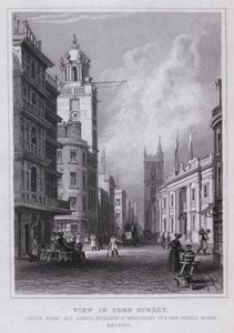 Vista en Corn Street, Castle Bank, All Saints, Exchange, Iglesia de St Werburgh y New Council House, Bristol de Thomas Hosmer Shepherd