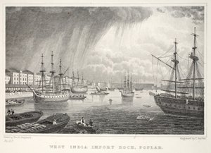 West India Docks, Isla de Perros, de Londres y sus alrededores en el siglo XIX pub. Jones y Co., 1827-1829