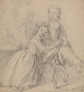 Dos niñas en un paisaje, una montando un cordero de Thomas Hudson