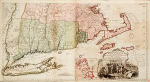 Mapa de la parte más habitada de Nueva Inglaterra, que contiene las provincias de Massachusetts Bay y New Hampshire con las colonias de Connecticut y Rhode Island.