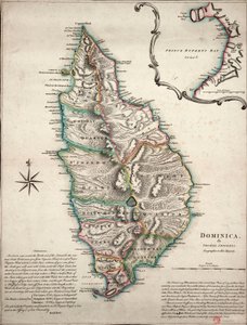 Mapa en color de Dominica con observaciones geográficas detalladas, c.1760 (grabado coloreado a mano) de Thomas Jefferys