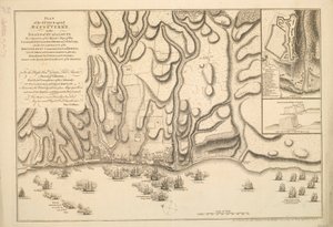 PLAN DEL ATAQUE CONTRA BASSETERRE EN LA ISLA DE GUADALOUPE POR UNA ESCUADRA DE BUQUES DE GUERRA DE SU MAJESTAD MANDO POR EL COMODOR MOORE EL 22 DE ENERO DE 1759, TAMBIEN LOS INCAMBIOS DEL EJÉRCITO BRITÁNICO MANDO POR EL GENERAL HOPSON, Y LA INTRENCHEMBRE F de Thomas Jefferys