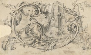 Diseño para una Tableta para una Chimenea con Dos Cisnes en Combate, Encerrados dentro de un Pergamino de Thomas Johnson
