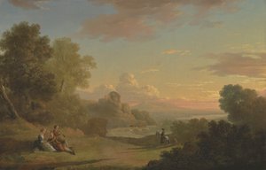 Un paisaje imaginario con un viajero y figuras con vistas a la bahía de Baiae de Thomas Jones