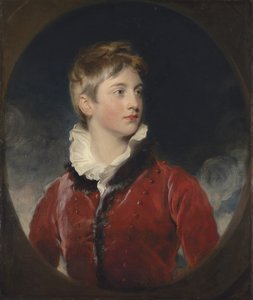 Retrato de Frederick William Stewart, 4º Marqués de Londonderry, K.P., M.P. (1805-1872) cuando era niño, medio cuerpo, con un abrigo rojo, en un óvalo fingido de Thomas Lawrence