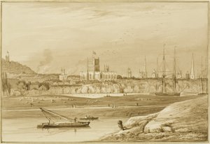 Bristol desde Coronation Road con Cumberland Road, el New Cut y una vista de las iglesias de Bristol de Thomas Leeson the Elder Rowbotham