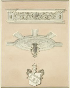 Detalles de la sala en la Biblioteca de Derecho, incluyendo colgante central del techo y cornisa de Thomas Leeson the Elder Rowbotham