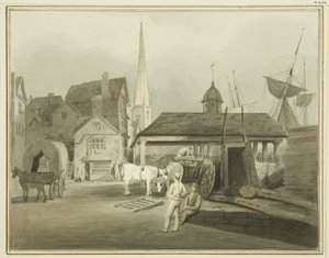 Extremo noreste de King Street, mostrando el Mercado Galés en 1802 de Thomas Leeson the Elder Rowbotham