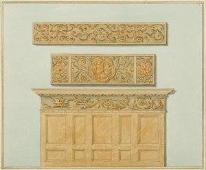 Partes del panelado y friso en Langton Mansion, en la parte trasera