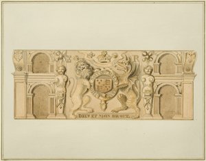 Escudo de armas de la Reina Isabel en roble, anteriormente en una casa en el extremo suroeste de Clare Street