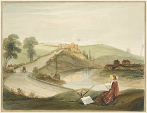 Totterdown y Pile Hill desde Bath Road, mostrando el peaje de Brislington (con una señorita Braikenridge? dibujando) de Thomas Leeson the Elder Rowbotham