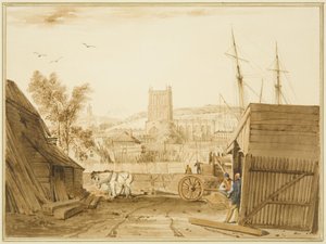 Vista desde el patio de madera de Acraman, Wapping, con vista hacia la catedral de Thomas Leeson the Elder Rowbotham