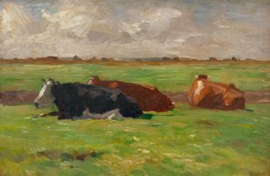 Paisaje de verano del norte de Alemania con vacas acostadas