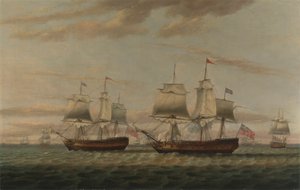 Un indio y un barco de dos pisos se encuentran, se dice que es Thomas Dumar, Esq. en el barco de Su Majestad 