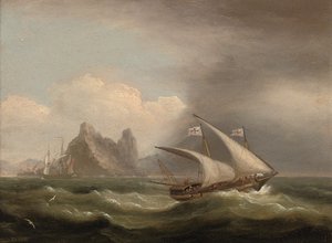 Un xebec armado en el Mediterráneo, una fragata británica a su popa y pasando por una costa rocosa, 1822 de Thomas Luny