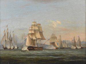 HMS Spartan y fragatas francesas: Comienzo de la acción, 3 de mayo de 1810 (Bahía de Nápoles) (óleo sobre lienzo) de Thomas Luny
