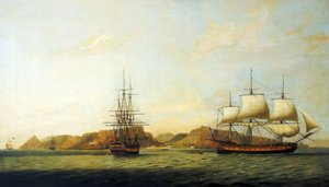 El buque de la Compañía de las Indias Orientales "Northumberland", construido en 1780, frente a la isla de Santa Elena, realizando viajes entre Inglaterra y Bengala (India).