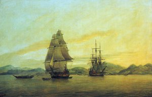 El buque mercante "Hindustan" de la Compañía de las Indias Orientales y otros barcos, incluidos juncos, anclados frente a la costa china.