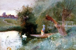 Niños en una barca al atardecer de Thomas Mackay