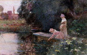 Recogiendo nenúfares. Dos muchachas en un estanque recogiendo nenúfares. Pintura de Thomas Mackay (1851-1920) Colección privada