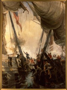 Shannon y Chesapeake en combate cercano, 1813 / Pint. por Hemy, 1895 de Thomas Marie Hemy