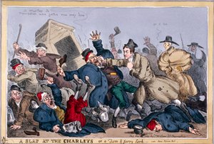 Un golpe a los Charleys o una travesura de Tom y Jerry, vide Nueva Ley de Policía, 1829 de Thomas McLean