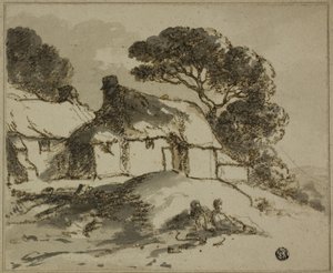 Casas de campo y árboles en la ladera de Thomas Monro