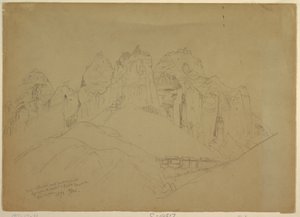 Dibujo, Río Virgen con grandes formaciones rocosas, 1873