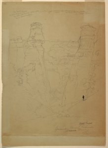 Dibujo, Torres de roca en el cañón Muave [Muav], Colorado, 1873