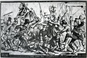 Caricatura que representa los disturbios en Nueva York en el Día de San Patricio de 1867, publicada en Harper