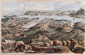 Vista de Sebastopol desde las obras de asedio británicas, la Batería del Marinero y la Batería del Cañón Lancaster de Thomas Packer