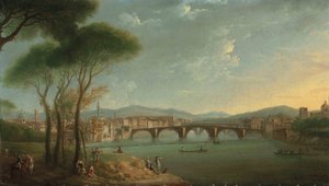 Vista del Arno, Florencia, desde los Jardines Cascine, con figuras pescando y descansando en las rocas en primer plano, el Ponte alla Carità y el Ponte Vecchio al fondo de Thomas Patch