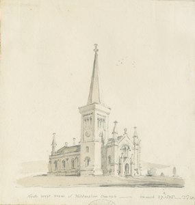 Iglesia de Hilderstone: dibujo a lápiz y lavado