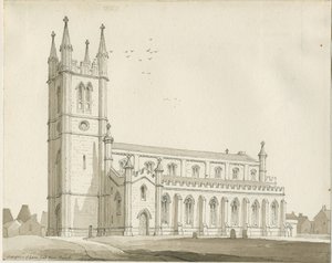 Lane End - Nueva iglesia: dibujo sepia de Thomas Peploe Wood