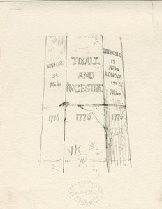 Tixall - Pilar de piedra mostrando distancias: dibujo a pluma y tinta, nd [mediados del siglo XIX] de Thomas Peploe Wood