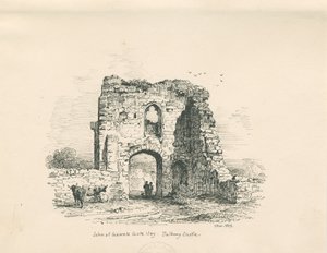 Castillo de Tutbury - Puerta de John de Gaunt: dibujo a pluma y tinta, 1839 de Thomas Peploe Wood