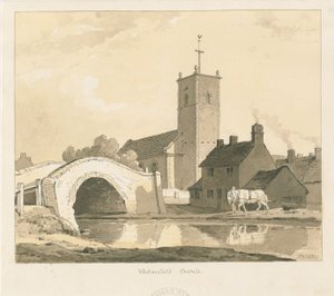 Iglesia y Puente de Wednesfield: dibujo en sepia, 1837 de Thomas Peploe Wood