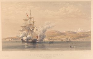 H.M.S. Highflyer Captn John Moore C.B. c. fondeado frente a Soukoum Kaleh-Abasia, Omar Pasha abandonando el barco, octubre de 1855. de Thomas Picken