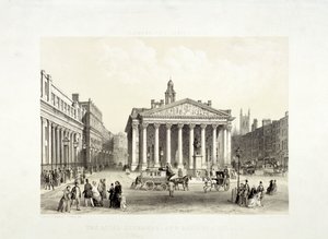 Bolsa Real y el Banco de Inglaterra a la izquierda, Londres, 1851 de Thomas Picken