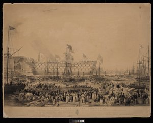 La botadura del Trafalgar, en presencia de Su Graciosa Majestad la Reina Victoria y Su Alteza Real el Príncipe Alberto, en H.M.Dock Yard, Woolwich... de Thomas Picken