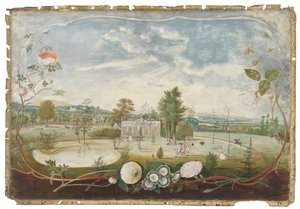 El invernadero en Woodside House, Old Windsor, en un cartucho decorado con flores