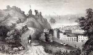 Castillo de Hastings desde la plantación del Reverendo W. Wallinger, grabado por R. Martin