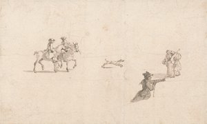 Jinetes, figuras y un perro