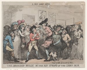 «Un héroe de los pasillos de las taquillas», «El matón marcado» o «El asno despojado de la piel del león». de Thomas Rowlandson