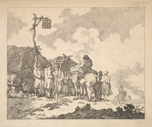 Una feria - Un grupo de gitanos - Hombres y mujeres con ropa rústica frente a dos improvisadas tiendas de Thomas Rowlandson