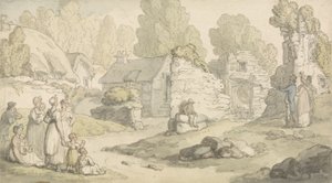 Escena de pueblo con figuras y edificios en ruinas de Thomas Rowlandson
