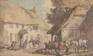 Una calle de un pueblo por la que se conduce a un rebaño de vacas y ovejas de Thomas Rowlandson