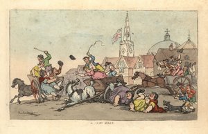 Carrera de carros en una ciudad inglesa con un accidente en primer plano de Thomas Rowlandson