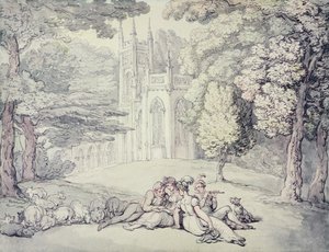 Un verde universitario con un grupo de damiselas y jóvenes caballeros en primer plano, c.1810-15